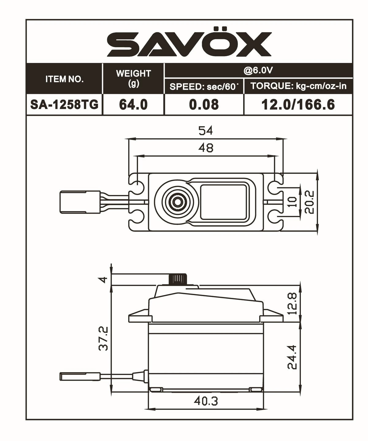 Savox SC-1258TG Standard Size Servo (0.08sec / 166oz @ 6V) 2 Savox SC-1258TG Standard Size Servo (0.08sec / 166oz @ 6V) - Image 2